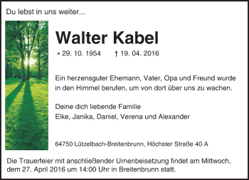Traueranzeige von Walter Kabel von trauer.echo-online.de