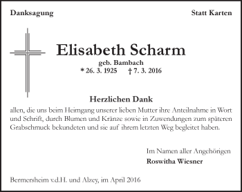 Traueranzeige von Elisabeth Scharm von  Allgemeine Zeitung Alzey