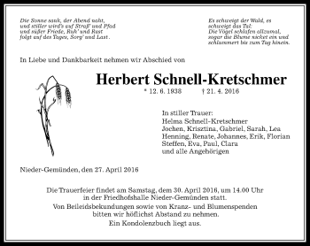 Traueranzeige von Herbert Schnell-Kretschmer von VRM Trauer
