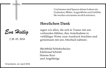 Traueranzeige von Eva Heilig von  Allgemeine  Zeitung Ingelheim-Bingen