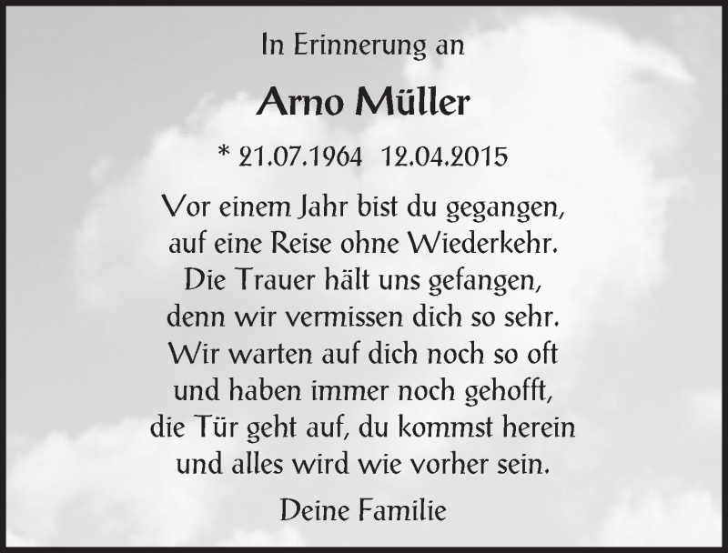  Traueranzeige für Arno Müller vom 12.04.2016 aus trauer.echo-online.de