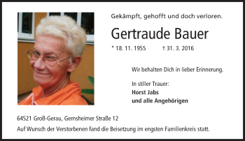 Traueranzeige von Gertraude Bauer von trauer.echo-online.de