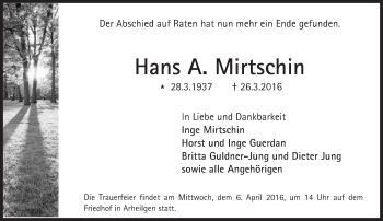 Traueranzeige von Hans A. Mirtschin von trauer.echo-online.de