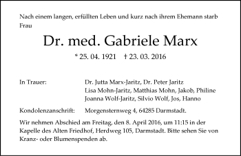 Traueranzeige von Gabriele Marx von trauer.echo-online.de