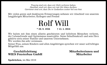 Traueranzeige von Rolf Will von  Allg. Zeitung Bad Kreuznach