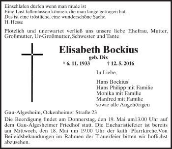Traueranzeige von Elisabeth Bockius von  Allgemeine  Zeitung Ingelheim-Bingen