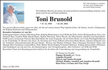 Traueranzeige von Toni Brunold von  Allgemeine Zeitung Alzey