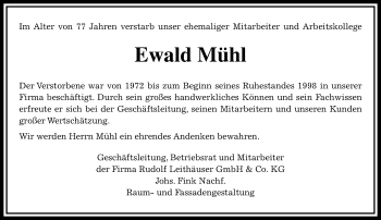 Traueranzeige von Ewald Mühl von  Gießener Anzeiger