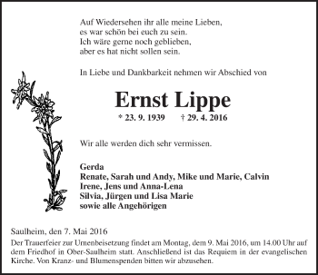 Traueranzeige von Ernst Lippe von  Allgemeine Zeitung Alzey