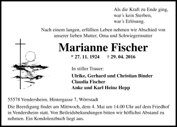 Traueranzeige von Marianne Fischer von  Allgemeine Zeitung Alzey