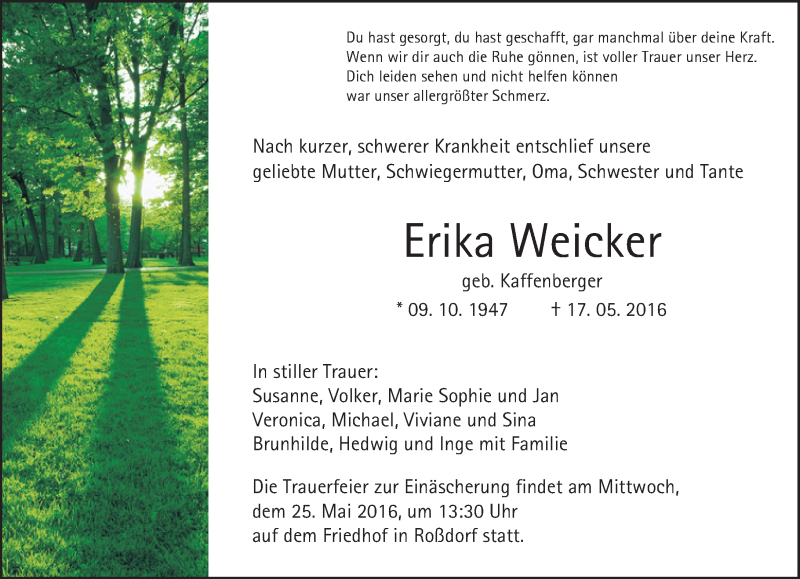  Traueranzeige für Erika Weicker vom 21.05.2016 aus Trauerportal Echo Online