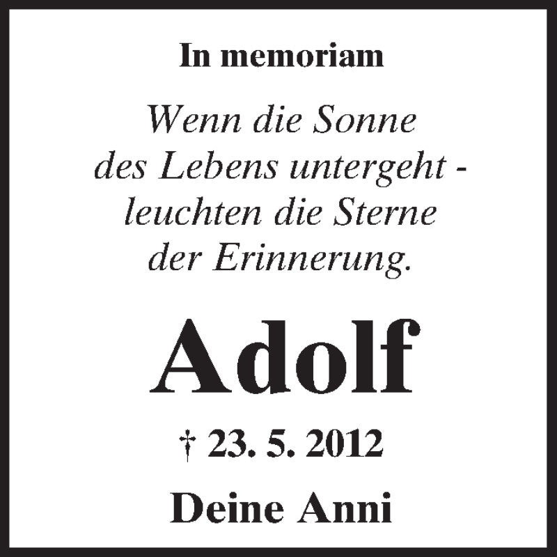  Traueranzeige für Adolf  vom 23.05.2016 aus  Kreisanzeiger
