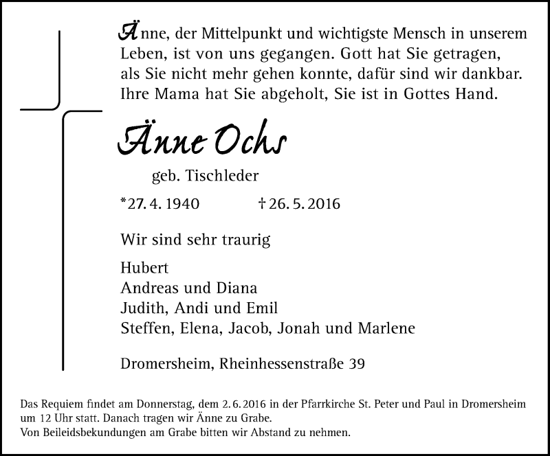  Traueranzeige für Änne Ochs vom 31.05.2016 aus  Allgemeine  Zeitung Ingelheim-Bingen