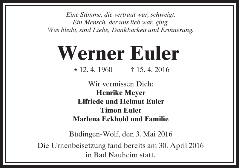  Traueranzeige für Werner Euler vom 03.05.2016 aus  Kreisanzeiger