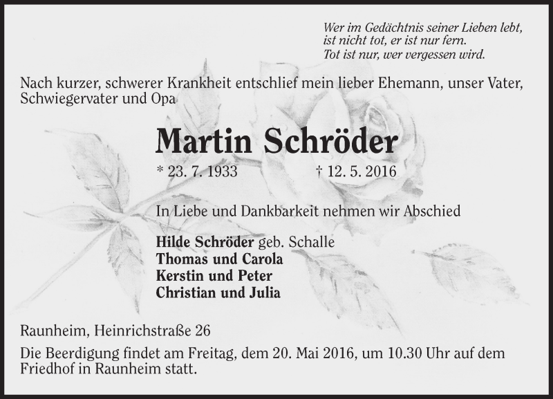  Traueranzeige für Martin Schröder vom 14.05.2016 aus  Mainspitze