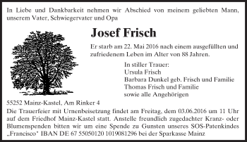Traueranzeige von Josef Frisch von  Allgemeine Zeitung Mainz