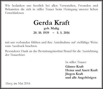 Traueranzeige von Gerda Kraft von  Allgemeine Zeitung Alzey