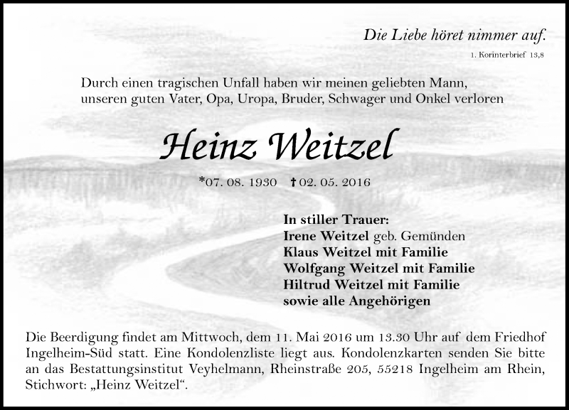  Traueranzeige für Heinz Weitzel vom 10.05.2016 aus  Allgemeine  Zeitung Ingelheim-Bingen