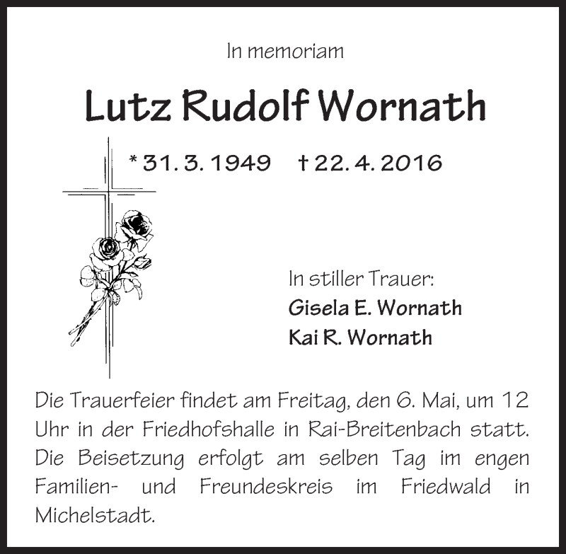  Traueranzeige für Lutz Rudolf Wornath vom 03.05.2016 aus Trauerportal Echo Online