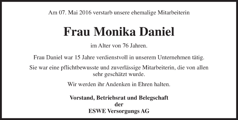  Traueranzeige für Monika Daniel vom 14.05.2016 aus  Wiesbaden komplett