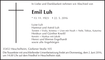 Traueranzeige von Emil Luh von  Gießener Anzeiger
