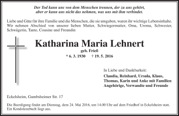 Traueranzeige von Katharina Maria Lehnert von  Allgemeine Zeitung Alzey