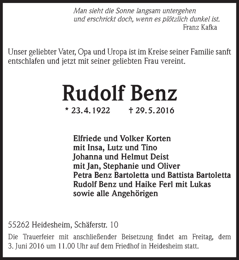  Traueranzeige für Rudolf Benz vom 31.05.2016 aus  Allgemeine Zeitung Mainz