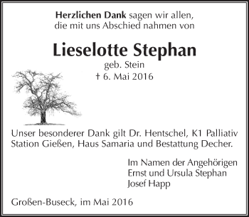 Traueranzeige von Lieselotte Stephan von  Gießener Anzeiger