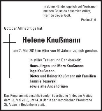 Traueranzeige von Helene Knußmann von  Allgemeine Zeitung Mainz