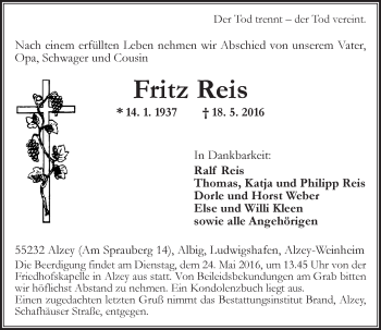 Traueranzeige von Fritz Reis von  Allgemeine Zeitung Alzey