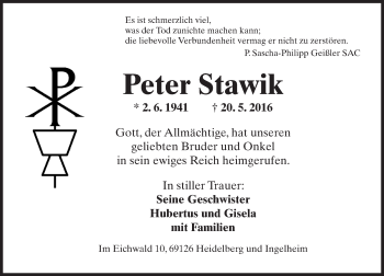 Traueranzeige von Peter Stawik von  Allgemeine  Zeitung Ingelheim-Bingen