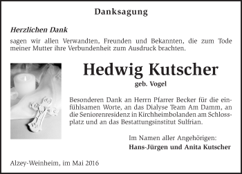 Traueranzeige von Hewig Kutscher von  Allgemeine Zeitung Alzey