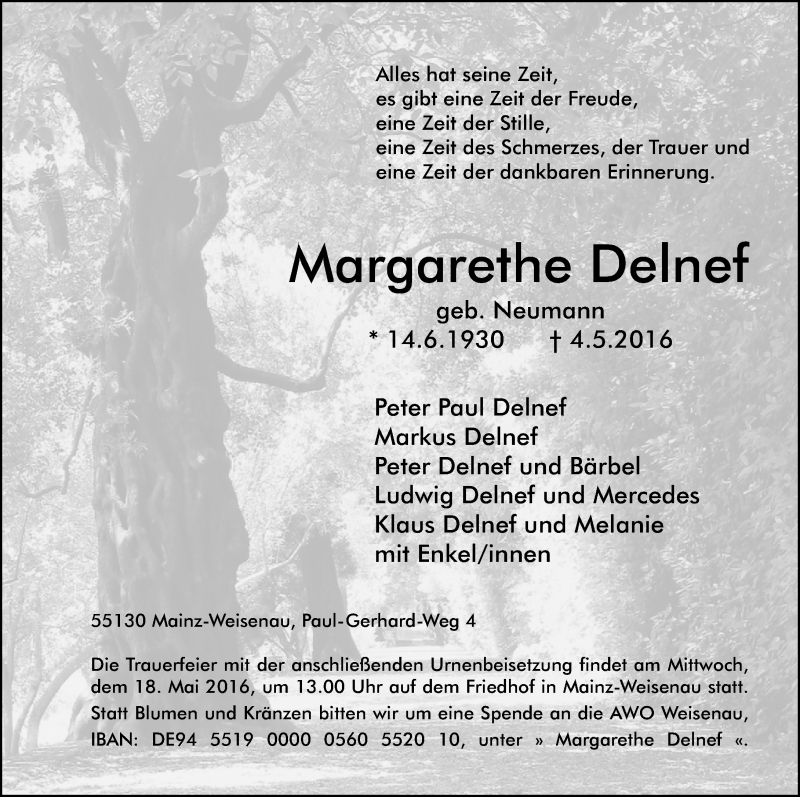  Traueranzeige für Margarethe Delnef vom 14.05.2016 aus  Allgemeine Zeitung Mainz