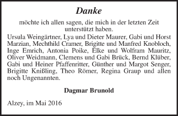 Traueranzeige von Dagmar Brunold von  Allgemeine Zeitung Alzey