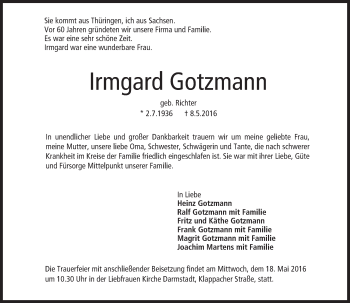 Traueranzeige von Irmgard Gotzmann von Trauerportal Echo Online