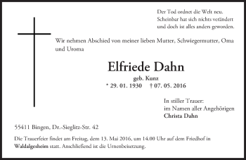 Traueranzeige von Elfriede Dahn von  Allgemeine  Zeitung Ingelheim-Bingen