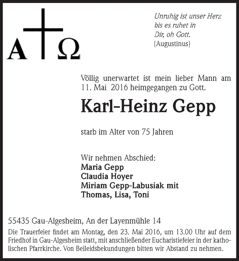  Traueranzeige für Karl-Heinz Gepp vom 18.05.2016 aus  Allgemeine  Zeitung Ingelheim-Bingen