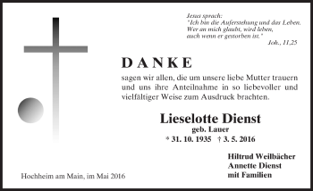 Traueranzeige von Lieselotte Dienst von  Hochheimer Zeitung