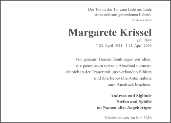 Traueranzeige von Margarete Krissel von  Wiesbaden komplett
