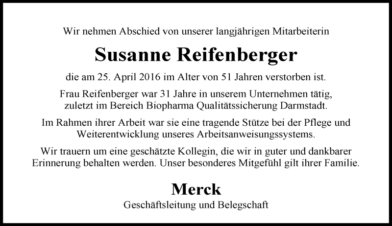  Traueranzeige für Susanne Reifenberger vom 14.05.2016 aus Trauerportal Echo Online
