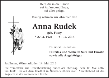 Traueranzeige von Anna Rudek von  Allgemeine Zeitung Alzey