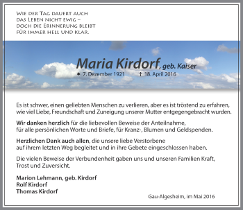 Traueranzeige von Maria Kirdorf von  Allgemeine  Zeitung Ingelheim-Bingen