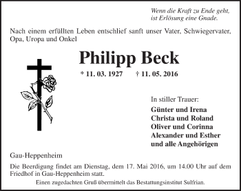 Traueranzeige von Philipp Beck von  Allgemeine Zeitung Alzey