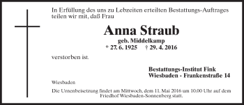 Traueranzeige von Anna Straub von  Wiesbaden komplett
