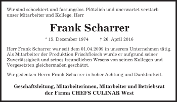 Traueranzeige von Frank Scharrer von  Allg. Zeitung Bad Kreuznach