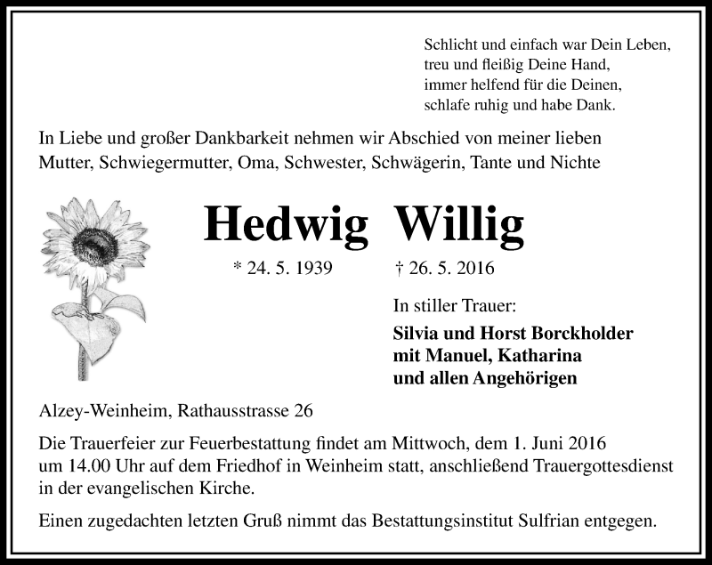  Traueranzeige für Hedwig Willig vom 30.05.2016 aus  Allgemeine Zeitung Alzey