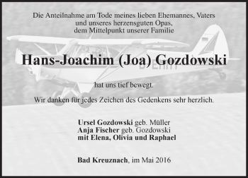 Traueranzeige von Hans-Joachim Gozdowski von  Allg. Zeitung Bad Kreuznach