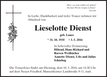 Traueranzeige von Lieselotte Dienst von  Hochheimer Zeitung