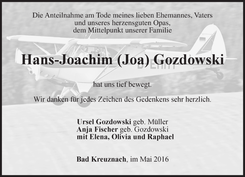  Traueranzeige für Hans-Joachim Gozdowski vom 14.05.2016 aus  Allg. Zeitung Bad Kreuznach