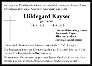 Traueranzeige von Hildegard Kayser von  Allgemeine  Zeitung Ingelheim-Bingen